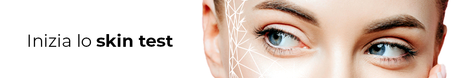 Banner con scritta “inizia lo skin test” e viso di una donna per metà con trame geometriche ad indicare l’analisi della pelle fatta con lo skin test di Cosmetici Magistrali
