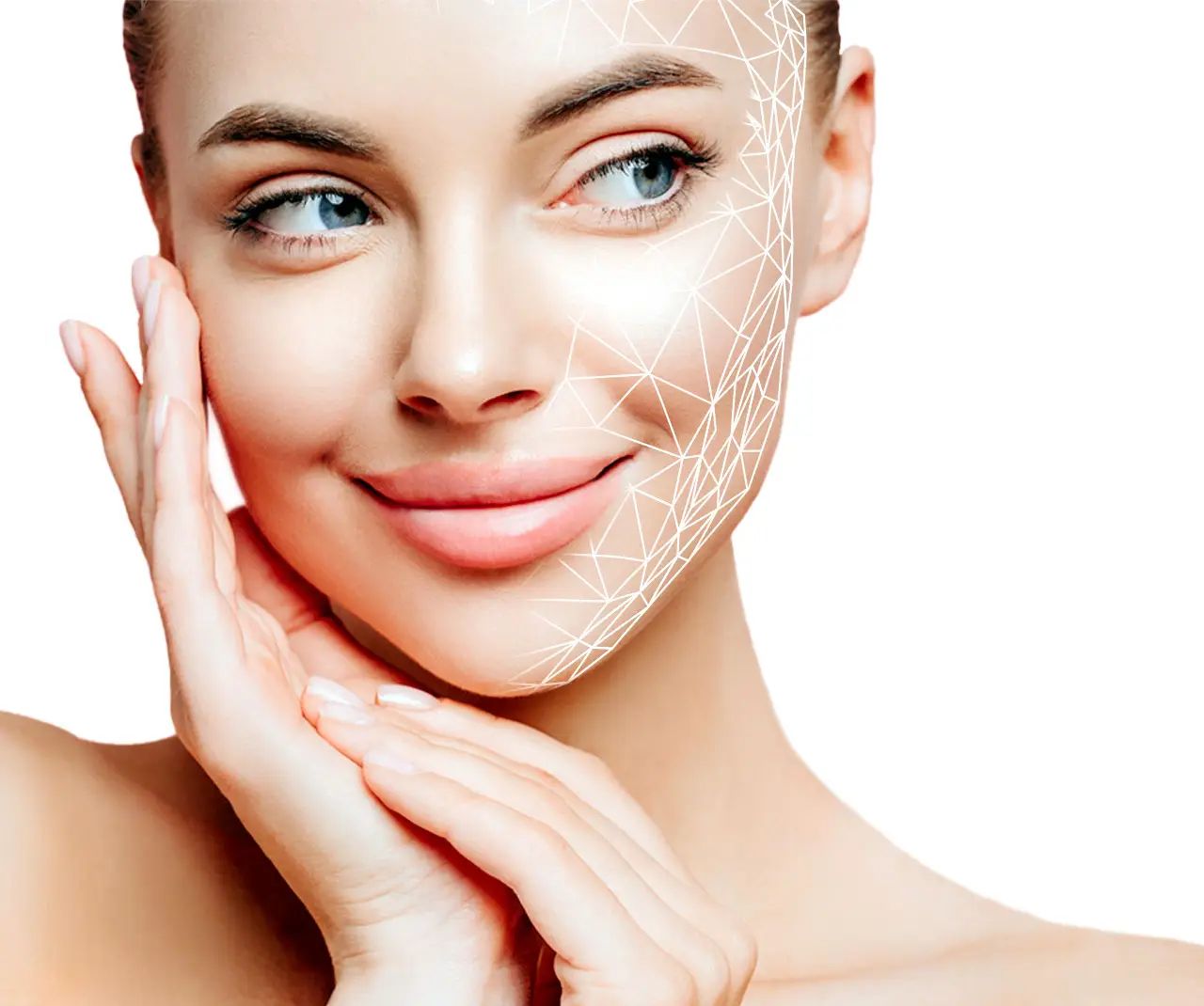 viso di una donna per metà con trame geometriche ad indicare l’analisi della pelle fatta con lo skin test di Cosmetici Magistrali